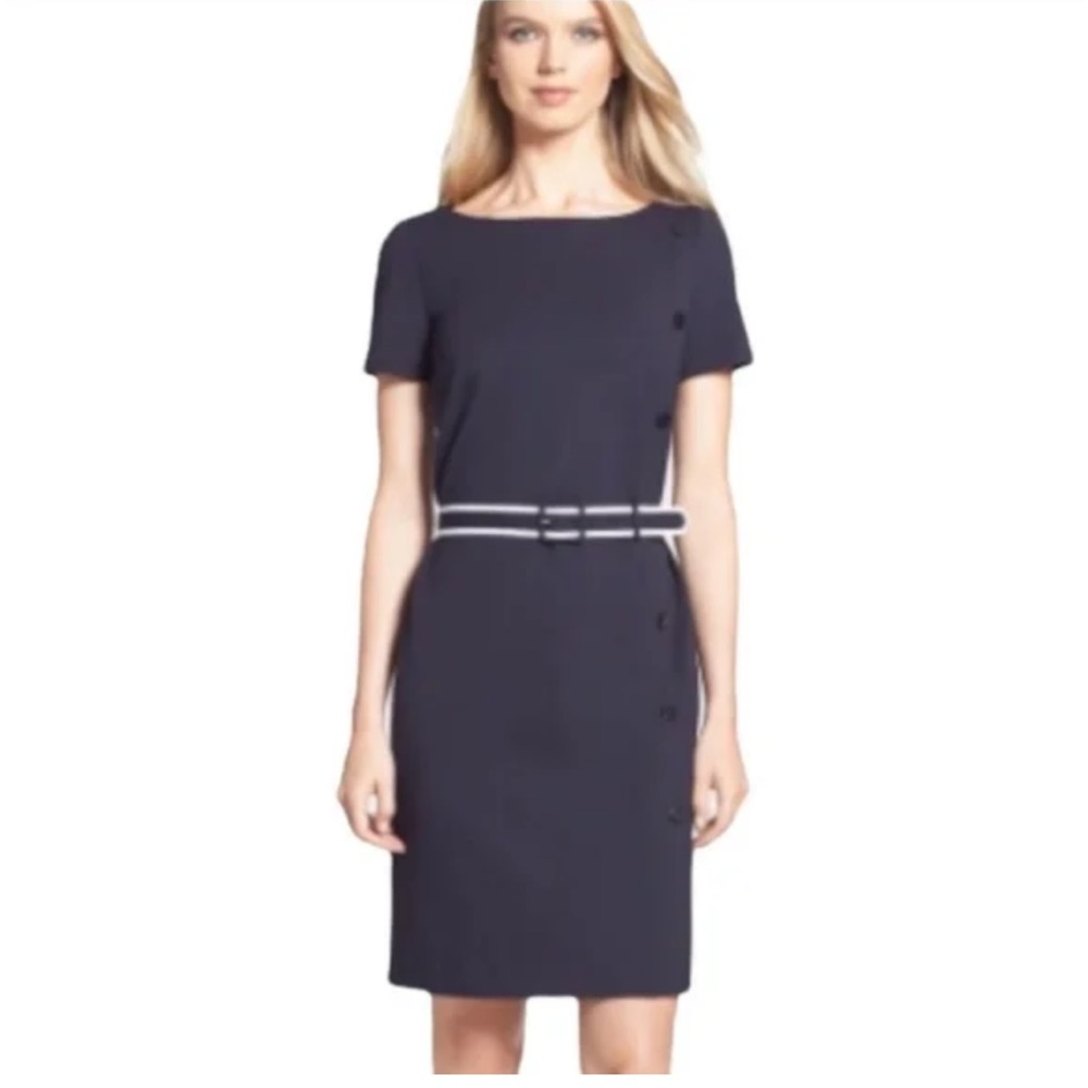TORY BURCH Sonia Navy Pencil Dress Short Sleeve Boat Neck Stretch Knit M